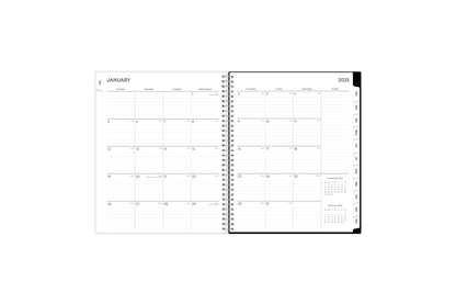 January 2025 - December 2025 weekly monthly planner featuring a monthly spread boxes for each day, lined writing space, notes section, reference calendars, and pink monthly tabs with white text in 8.5x11 size