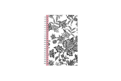 2025 weekly and monthly planner from Blue Sky featuring a floral pattern in black and white with twin silver wire-o binding and compact 5x8 size