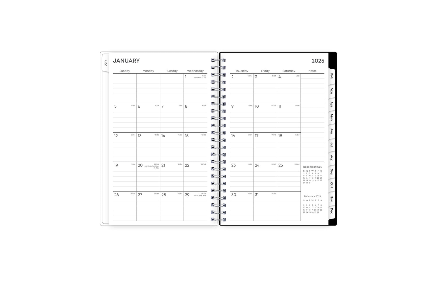 January 2025 - December 2025 weekly monthly planner featuring a monthly spread boxes for each day, lined writing space, notes section, reference calendars, and pink monthly tabs with white text in 5x8 size