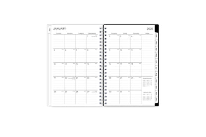January 2025 - December 2025 weekly monthly planner featuring a monthly spread boxes for each day, lined writing space, notes section, reference calendars, and pink monthly tabs with white text in 5x8 size