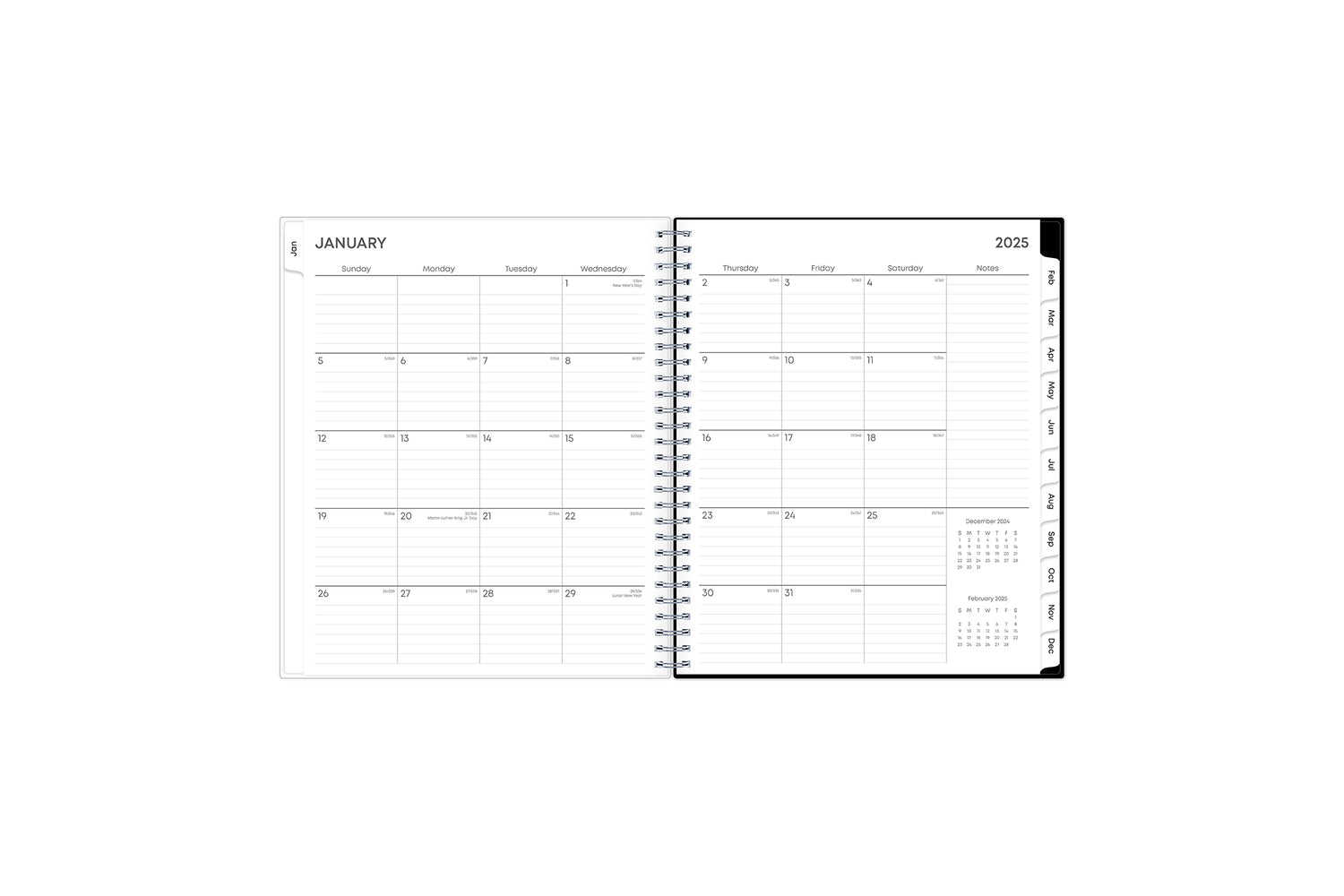 January 2025 - December 2025 monthly planner featuring a monthly spread boxes for each day, lined writing space, notes section, reference calendars, and pink monthly tabs with white text in 8x10 size