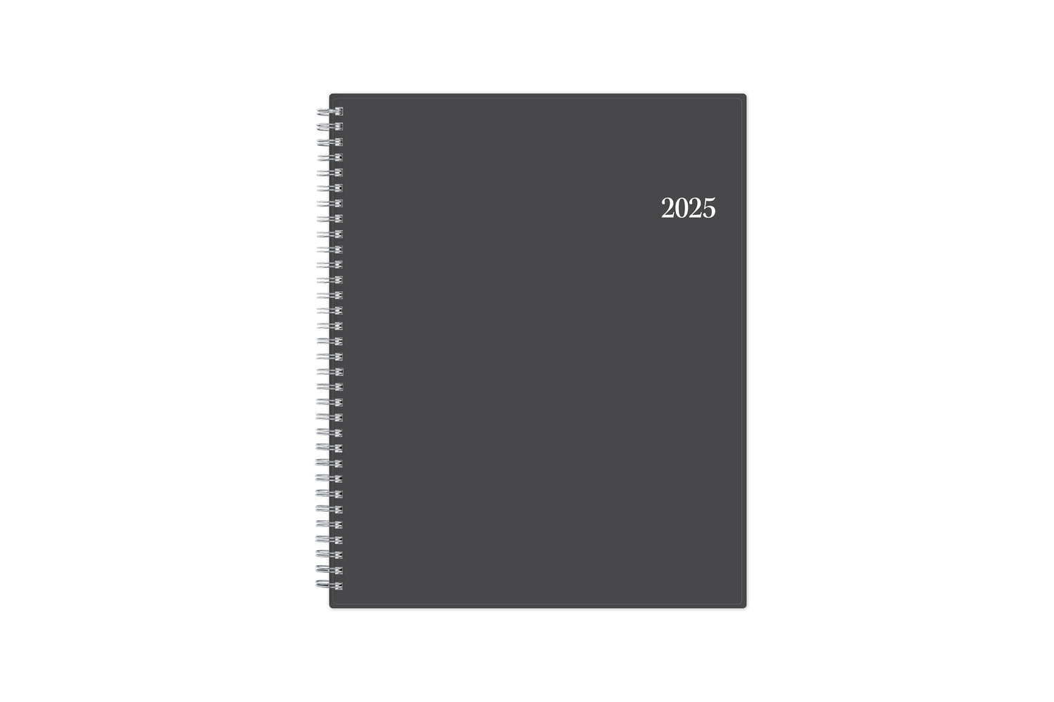 January 2025 - December 2025 weekly monthly planner featuring a charcoal front cover design and silver twin wire-o binding 8.5x11 size