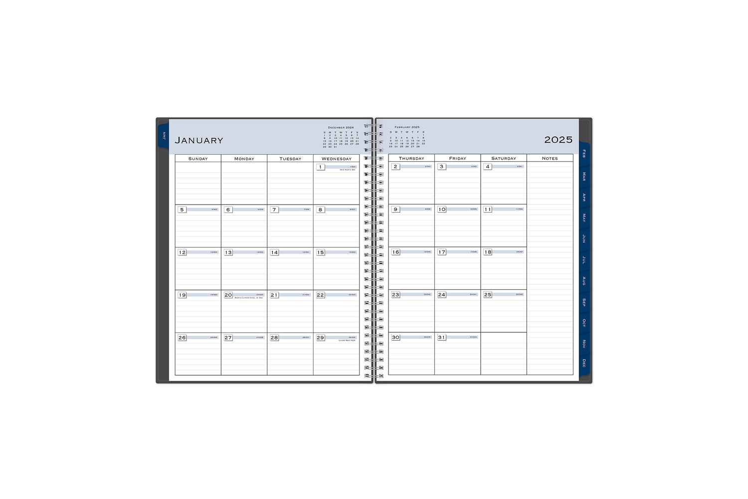 January 2025 - December 2025 weekly monthly planner featuring a monthly spread boxes for each day, lined writing space, notes section, reference calendars, and dark blue monthly tabs with white text in 8.5x11 size