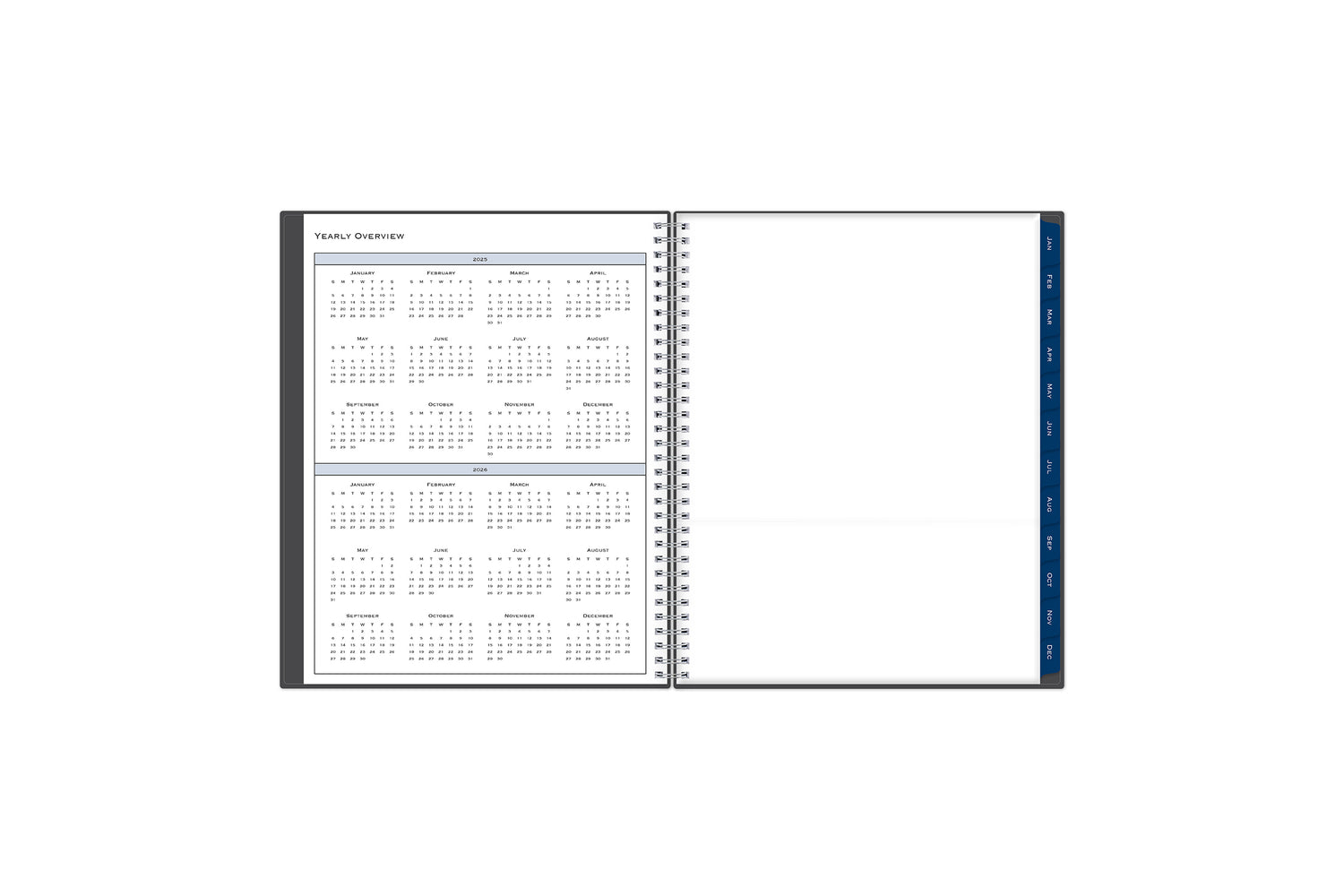 8.5x11 2025 weekly monthly planner features a yearly overview of 2024 and 2025 with contact page for owner of planner and bulleted yearly goals and accomplishments with navy monthly tabs and white text