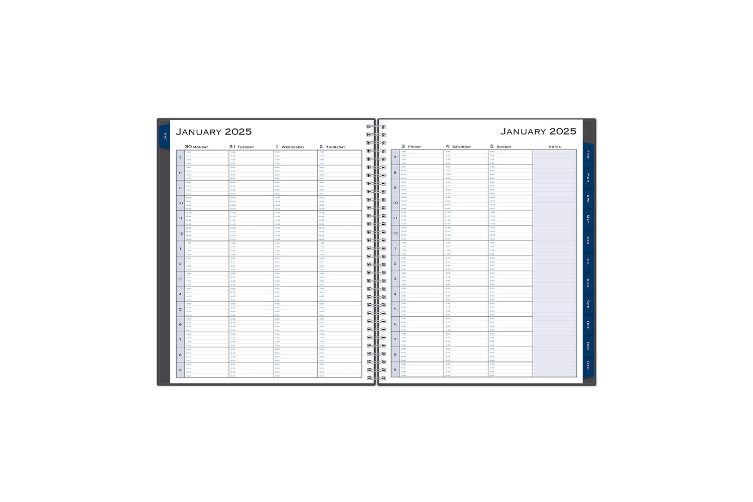 The January 2025 - December 2025 weekly appointment book from Blue Sky features a clean, optimized weekly spread with 15 minute intervals, lined writing space, notes section, and dark blue monthly tabs for easy navigating