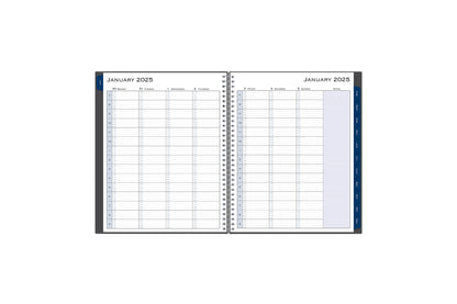 The January 2025 - December 2025 weekly appointment book from Blue Sky features a clean, optimized weekly spread with 15 minute intervals, lined writing space, notes section, and dark blue monthly tabs for easy navigating