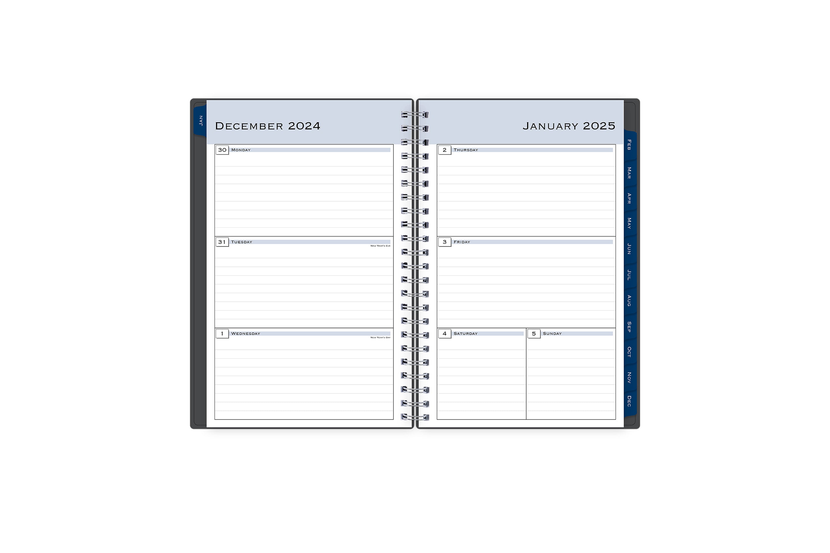 January 2025 - December 2025 weekly monthly planner featuring a weekly spread boxes for each day, lined writing space, notes section, reference calendars, and dark blue monthly tabs with white text in 5x8 size