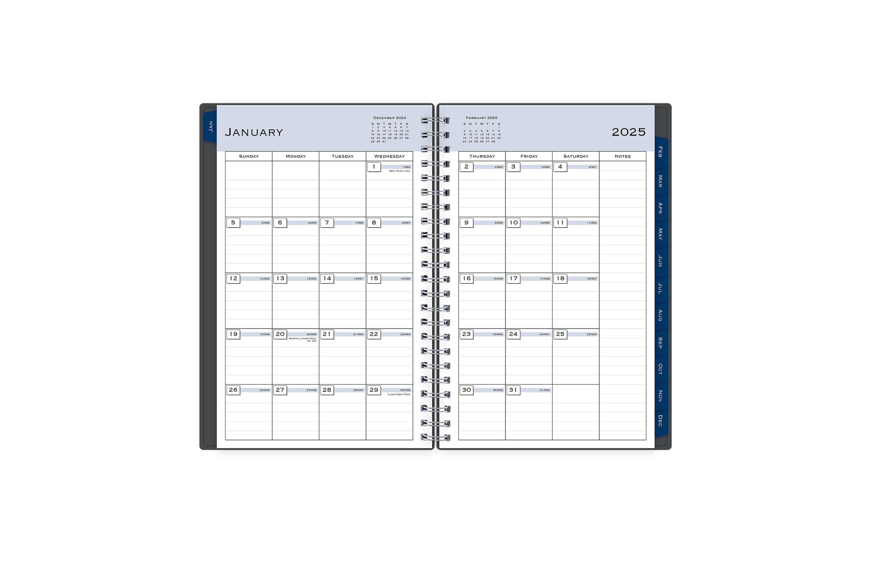 January 2025 - December 2025 weekly monthly planner featuring a monthly spread boxes for each day, lined writing space, notes section, reference calendars, and dark blue monthly tabs with white text in 5x8 size