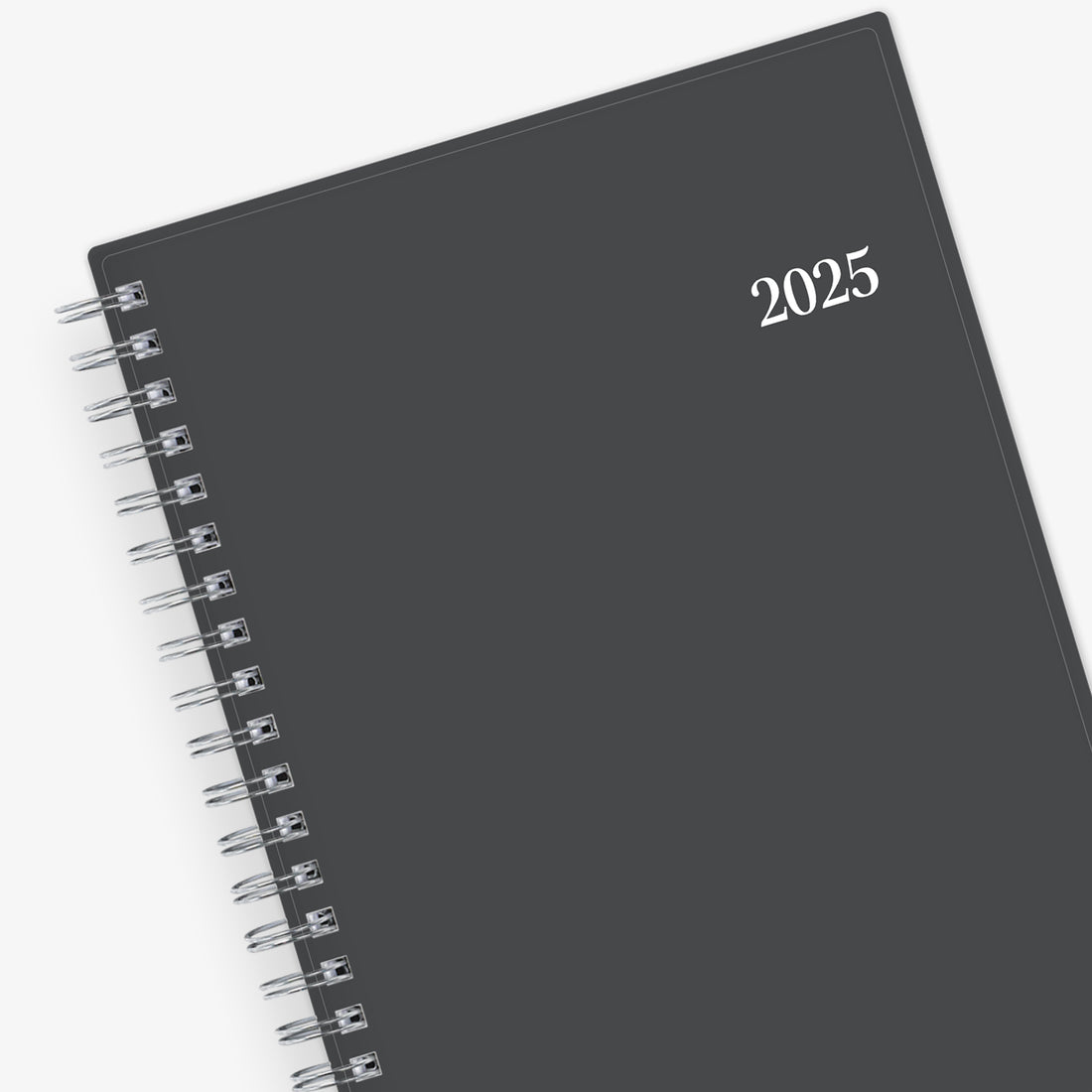 January 2025 - December 2025 weekly monthly planner featuring a charcoal front cover design and silver twin wire-o binding