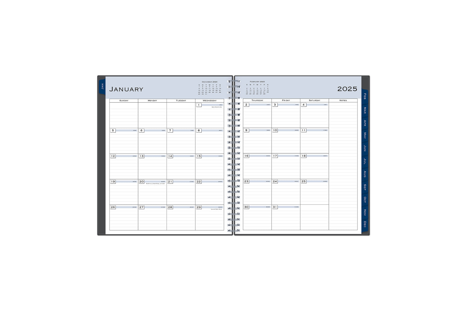 The January 2024 - December 2024 monthly spread features ample lined writing space for each day, lined notes section, reference months, and monthly to easily navigate throughout your planner