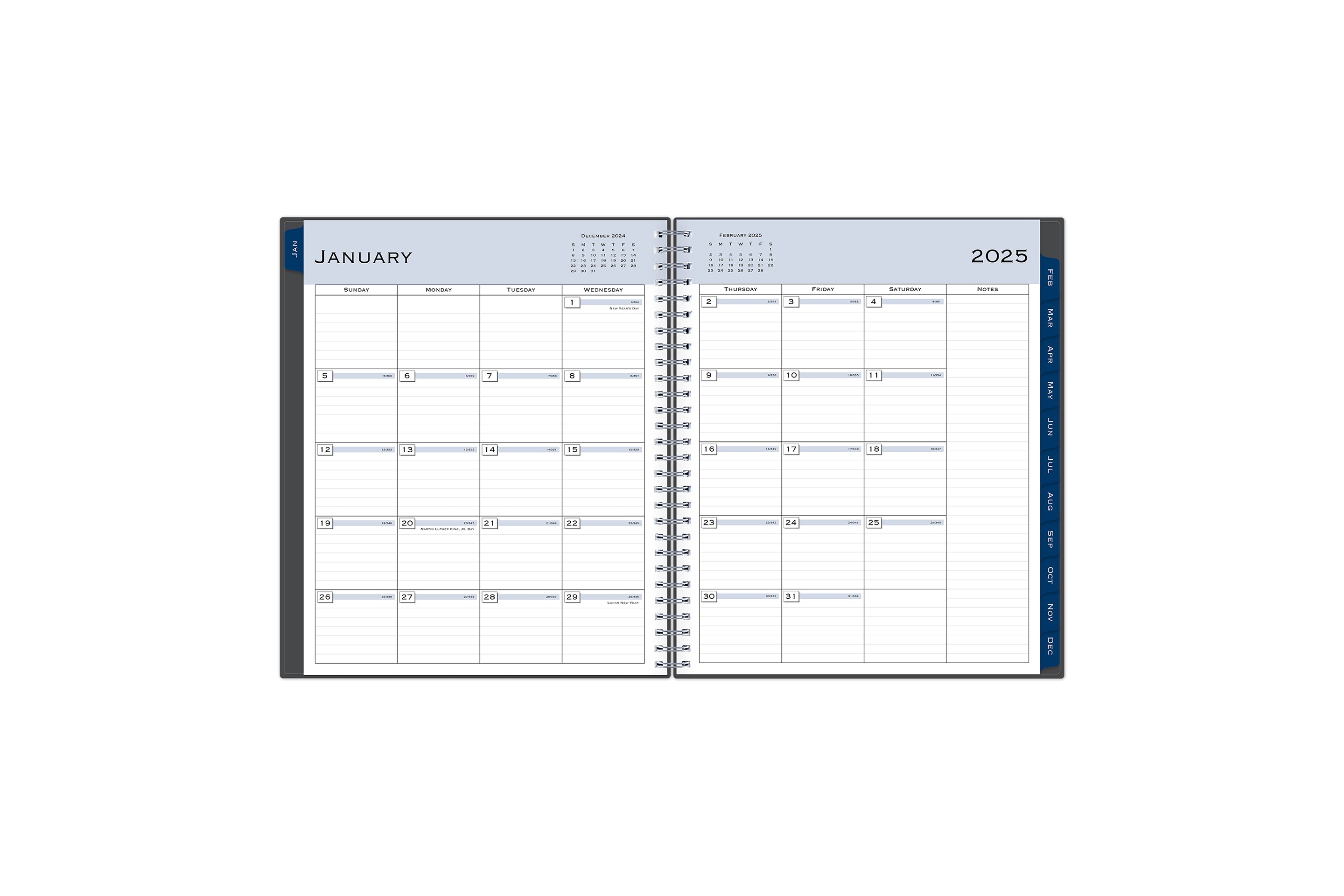 The January 2024 - December 2024 monthly spread features ample lined writing space for each day, lined notes section, reference months, and monthly to easily navigate throughout your planner