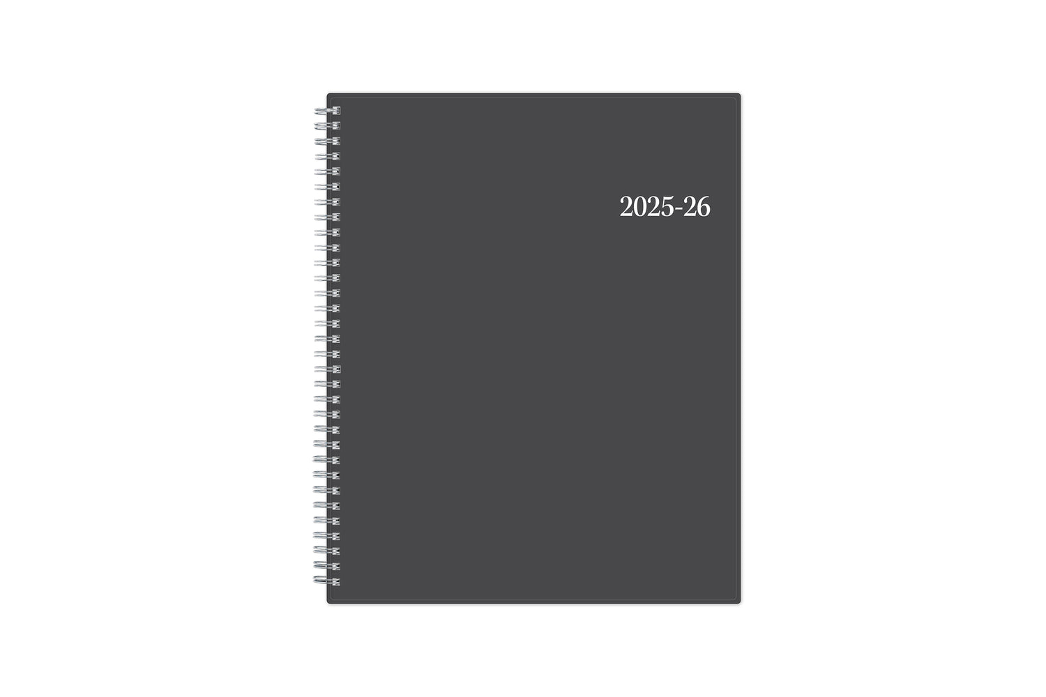 June 2025 weekly monthly academic planner featuring a solid charcoal cover and silver twin wire-o binding 8.5x11 size