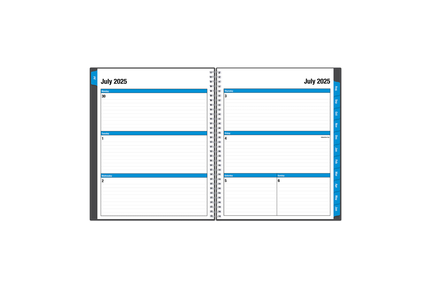 weekly monthly planner featuring a weekly spread with ample lined writing space and blue monthly tabs in a 8.5x11 planner size