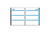 weekly monthly planner featuring a weekly spread with ample lined writing space and blue monthly tabs in a 8.5x11 planner size