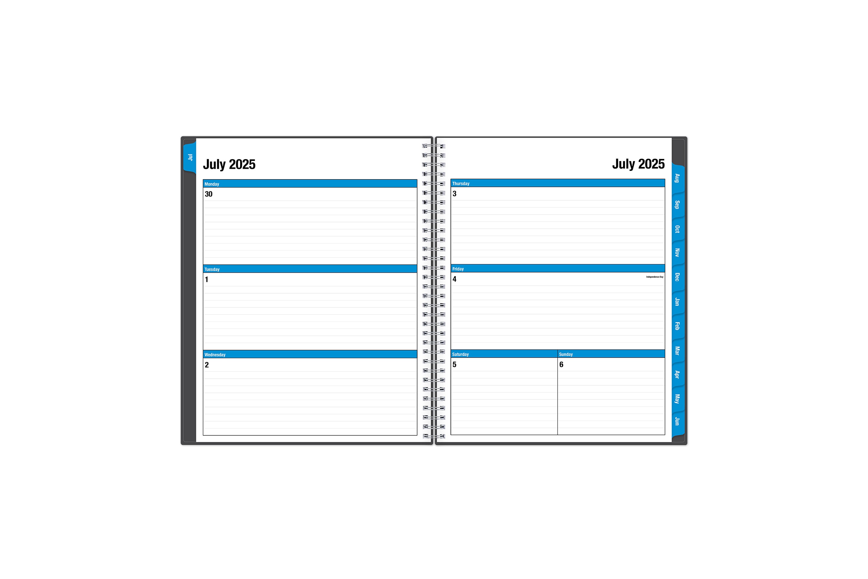 weekly monthly planner featuring a weekly spread with ample lined writing space and blue monthly tabs in a 8.5x11 planner size