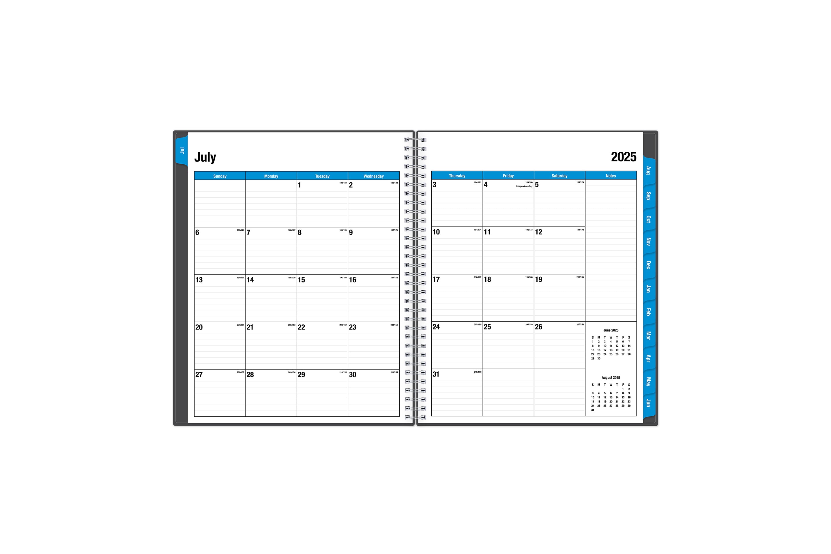 weekly monthly planner featuring a monthly spread with lined writing space, reference calendars, notes section, and blue monthly tabs in 8.5x11 planner size