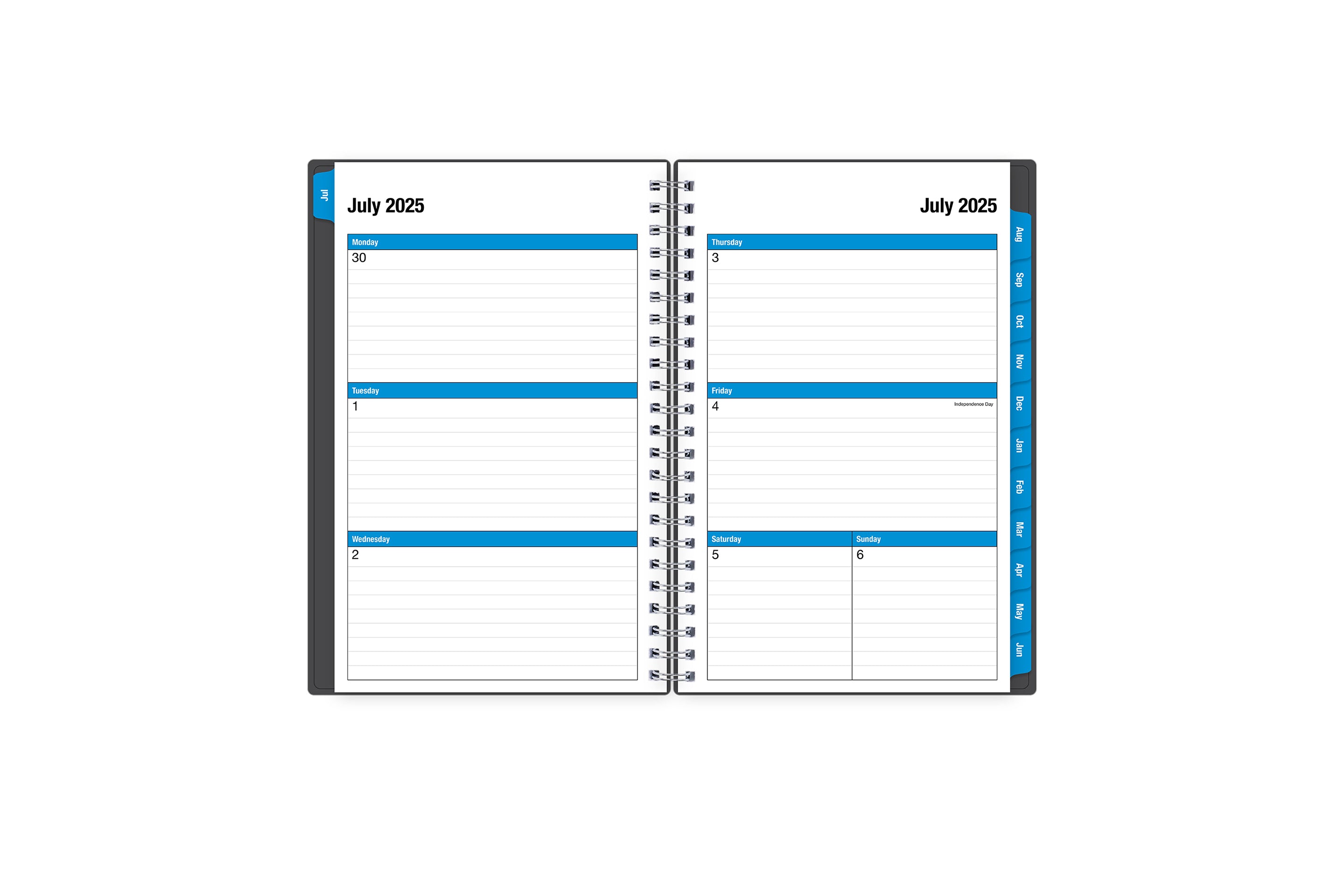 monthly academic professional planner featuring a weekly spread with lined writing space, reference calendars, notes section and silver twin wire-o binding in 5x8