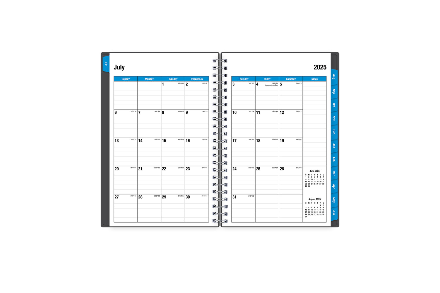 weekly monthly academic professional planner featuring a monthly spread with lined writing space, reference calendars, notes section and silver twin wire-o binding in 8.5x11