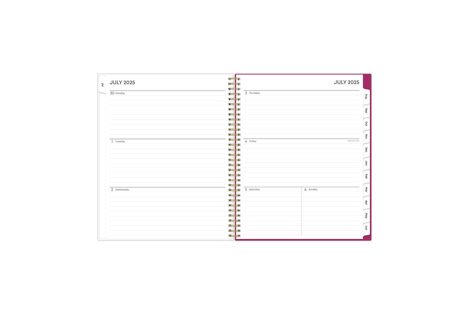 mahalo weekly monthly planner with pink monthly tabs featuring a weekly spread with lined writing space, notes section and reference calendars