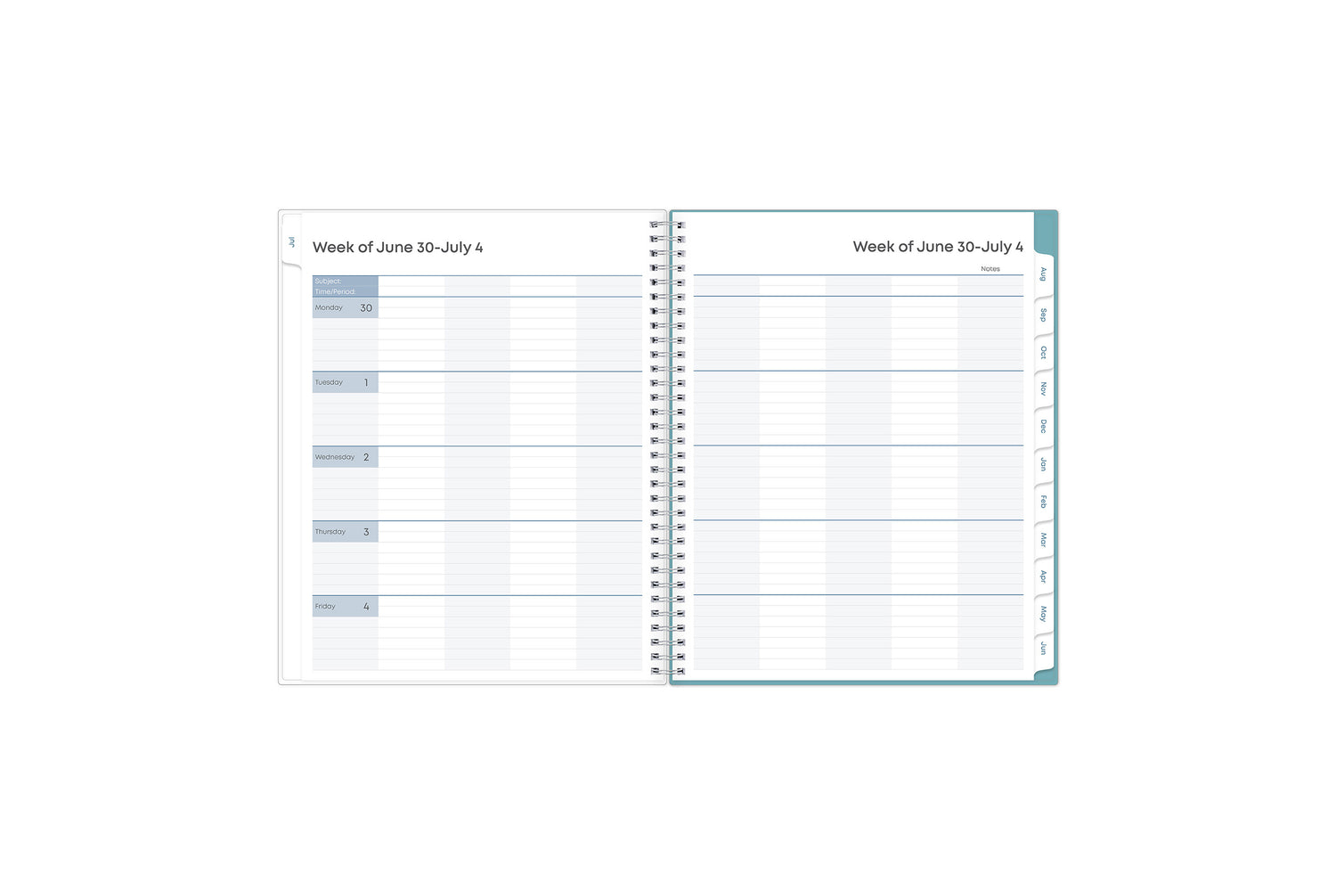 ample lined writing space and teacher lesson planner layout for each class or period, multi colored pattern for each day, and mint green monthly tabs for this weekly monthly lesson planner. july 2025 - june 2026