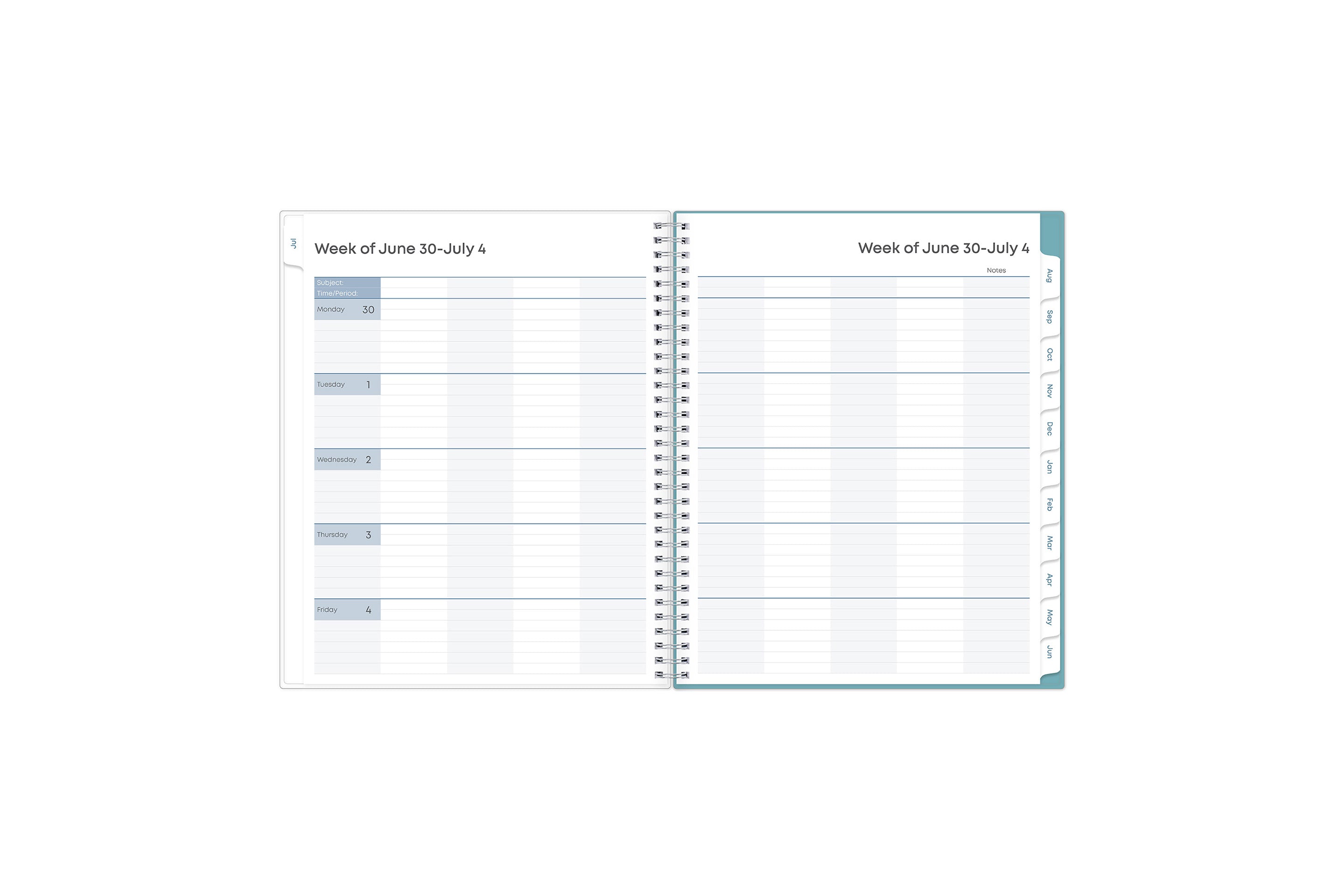 ample lined writing space and teacher lesson planner layout for each class or period, multi colored pattern for each day, and mint green monthly tabs for this weekly monthly lesson planner. july 2025 - june 2026