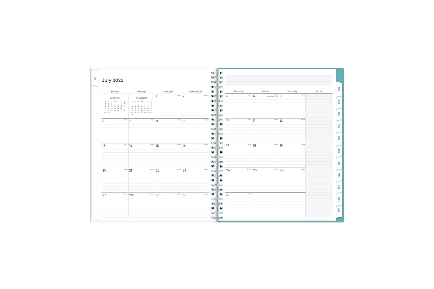 teacher lesson planner monthly view featuring ample lined writing space for projects, field trips, goals, deadlines, notes section, reference calendars and mint green monthly tabs in 8.5x11 size july 2025 - june 2026