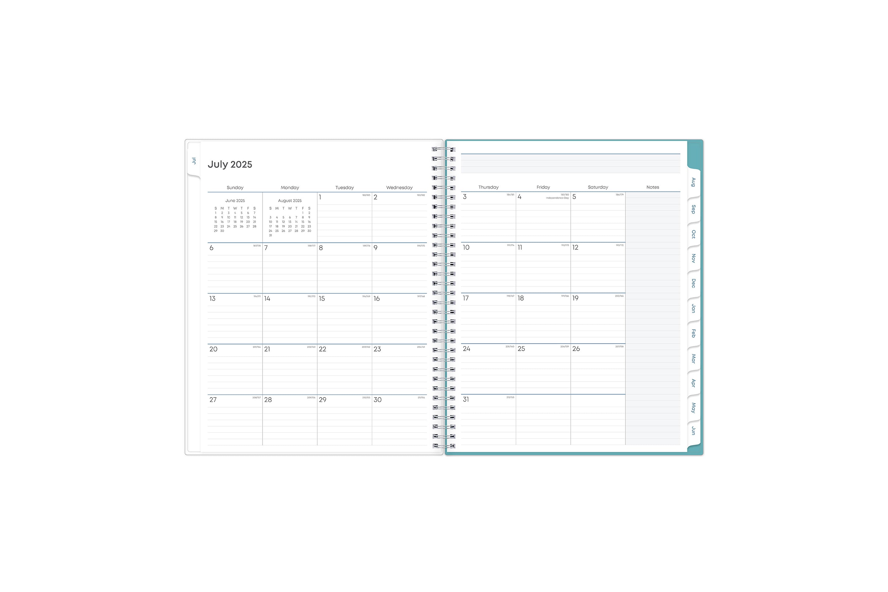 teacher lesson planner monthly view featuring ample lined writing space for projects, field trips, goals, deadlines, notes section, reference calendars and mint green monthly tabs in 8.5x11 size july 2025 - june 2026