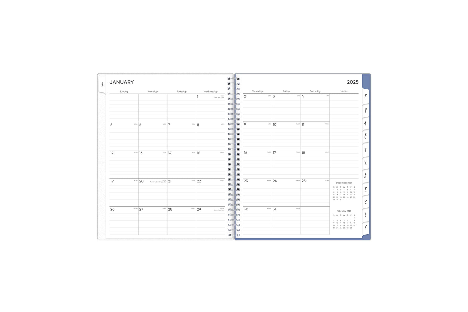 January 2025 - December 2025 weekly monthly planner featuring a monthly spread boxes for each day, lined writing space, notes section, reference calendars, and mint blue monthly tabs with white text in 8.5x11 size