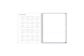 8.5x11 2025 weekly monthly planner features a yearly overview of 2024 and 2025 with contact page for owner of planner and bulleted yearly goals and accomplishments with light blue monthly tabs and white text
