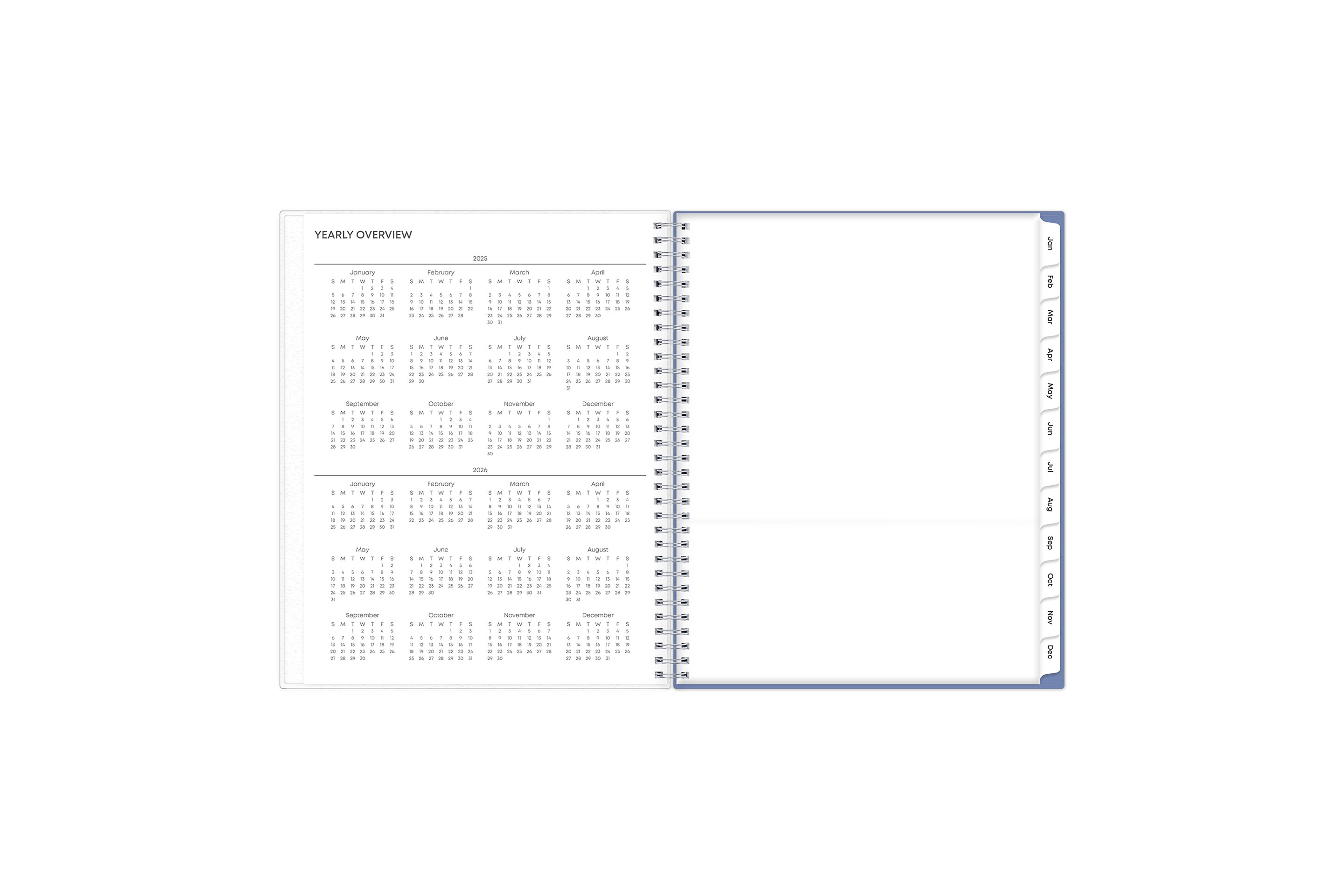 8.5x11 2025 weekly monthly planner features a yearly overview of 2024 and 2025 with contact page for owner of planner and bulleted yearly goals and accomplishments with light blue monthly tabs and white text