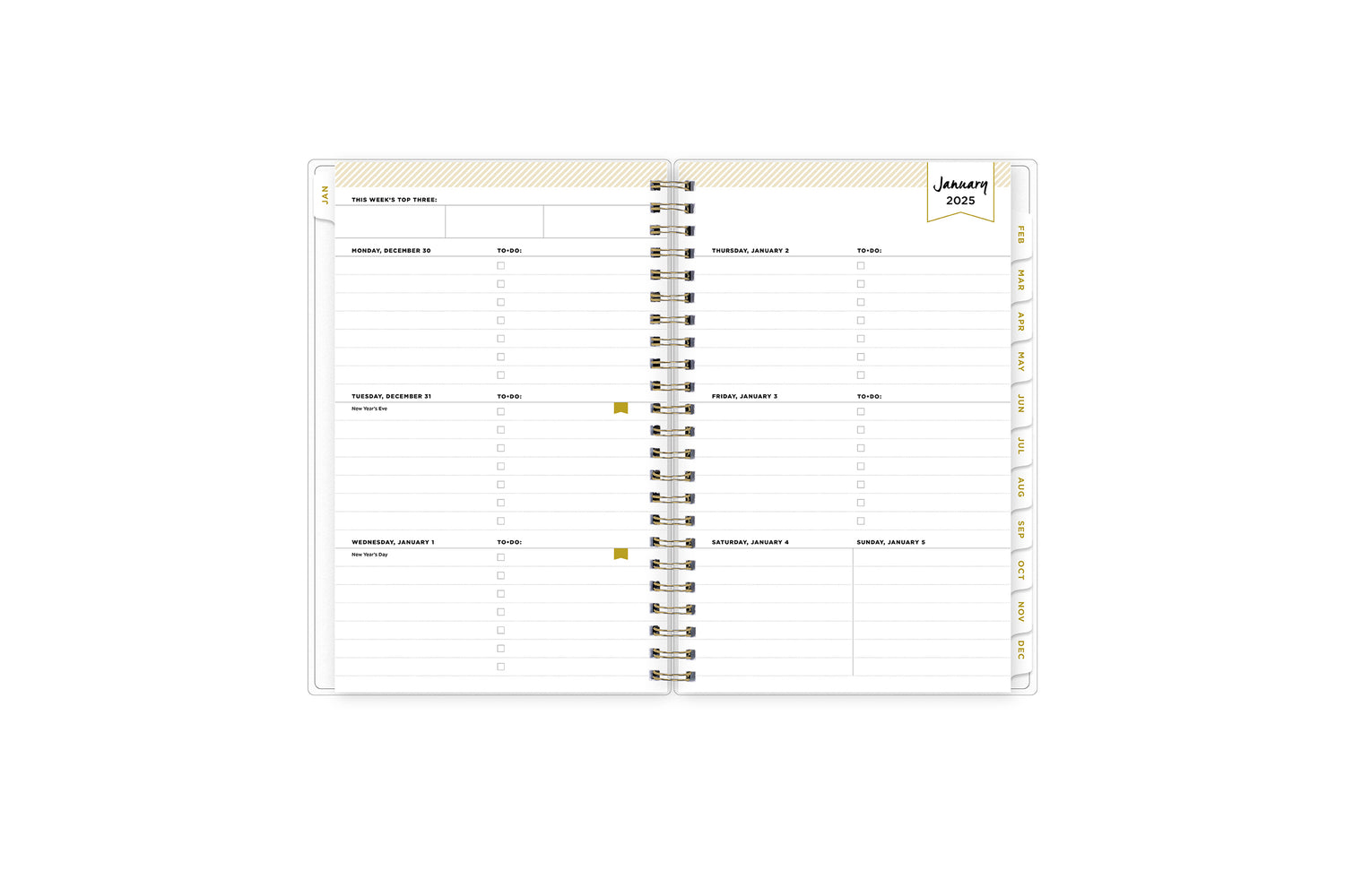 January 2025 - December 2025 weekly monthly planner featuring a monthly spread boxes for each day, lined writing space, notes section, reference calendars, and light blue monthly tabs in 5x8 size