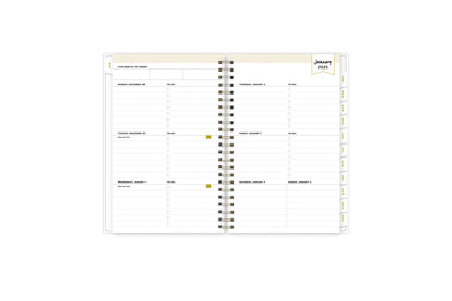 January 2025 - December 2025 weekly monthly planner featuring a monthly spread boxes for each day, lined writing space, notes section, reference calendars, and light blue monthly tabs in 5x8 size