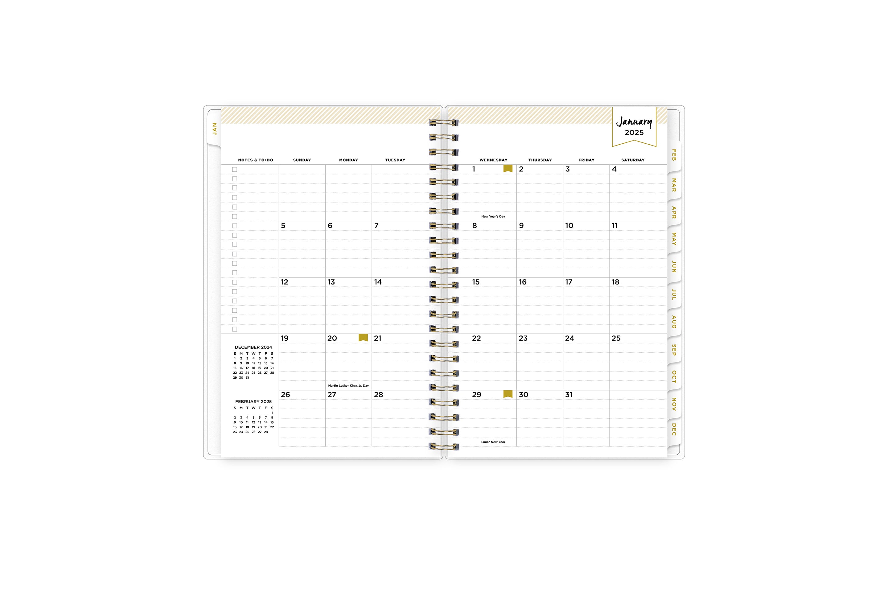 January 2025 - December 2025 weekly monthly planner featuring a monthly spread boxes for each day, lined writing space, notes section, reference calendars, and white monthly tabs in 5x8 size