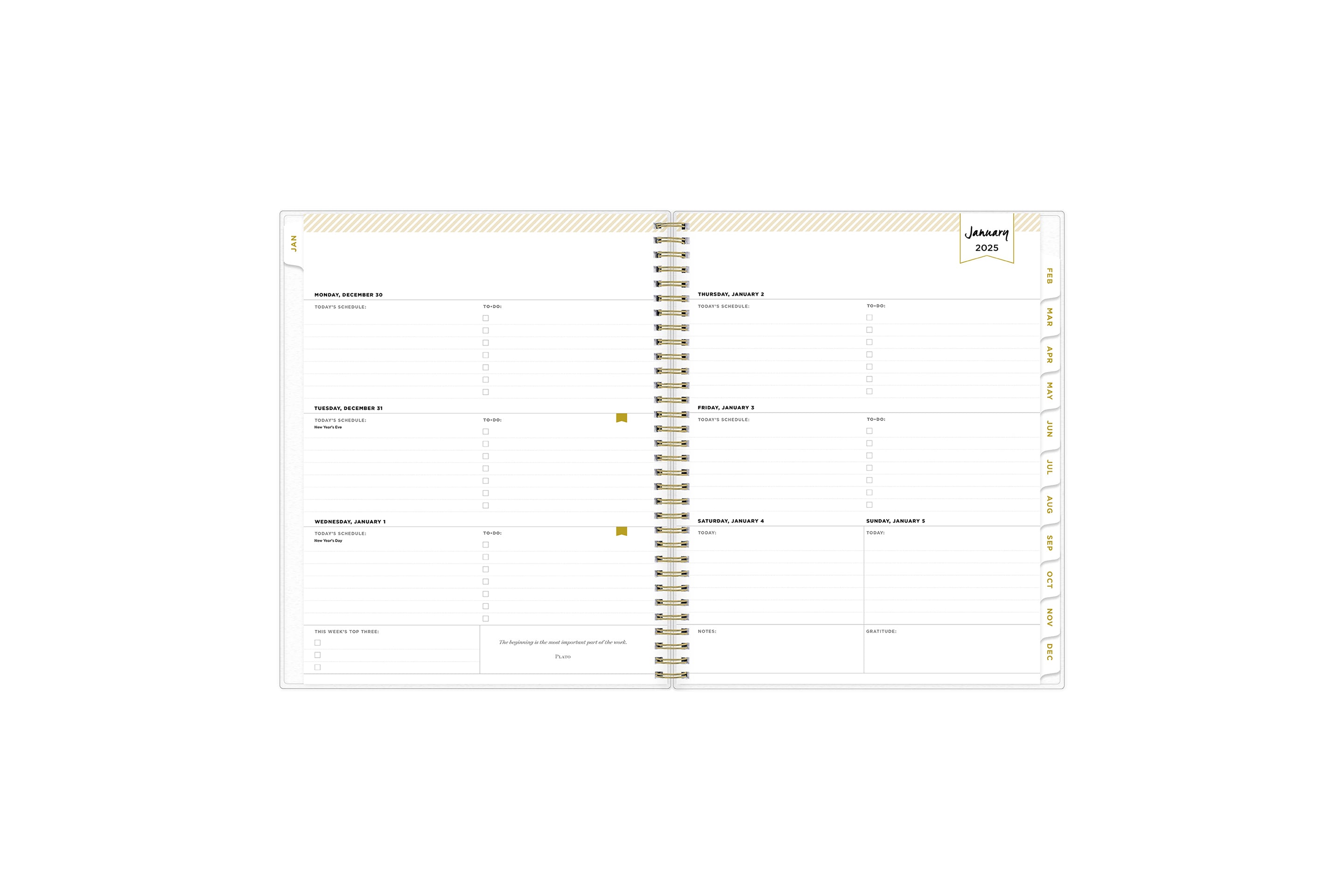 January 2025 - December 2025 weekly monthly planner featuring a weekly spread boxes for each day, lined writing space, notes section, reference calendars, and white monthly tabs in 8.5x11 size