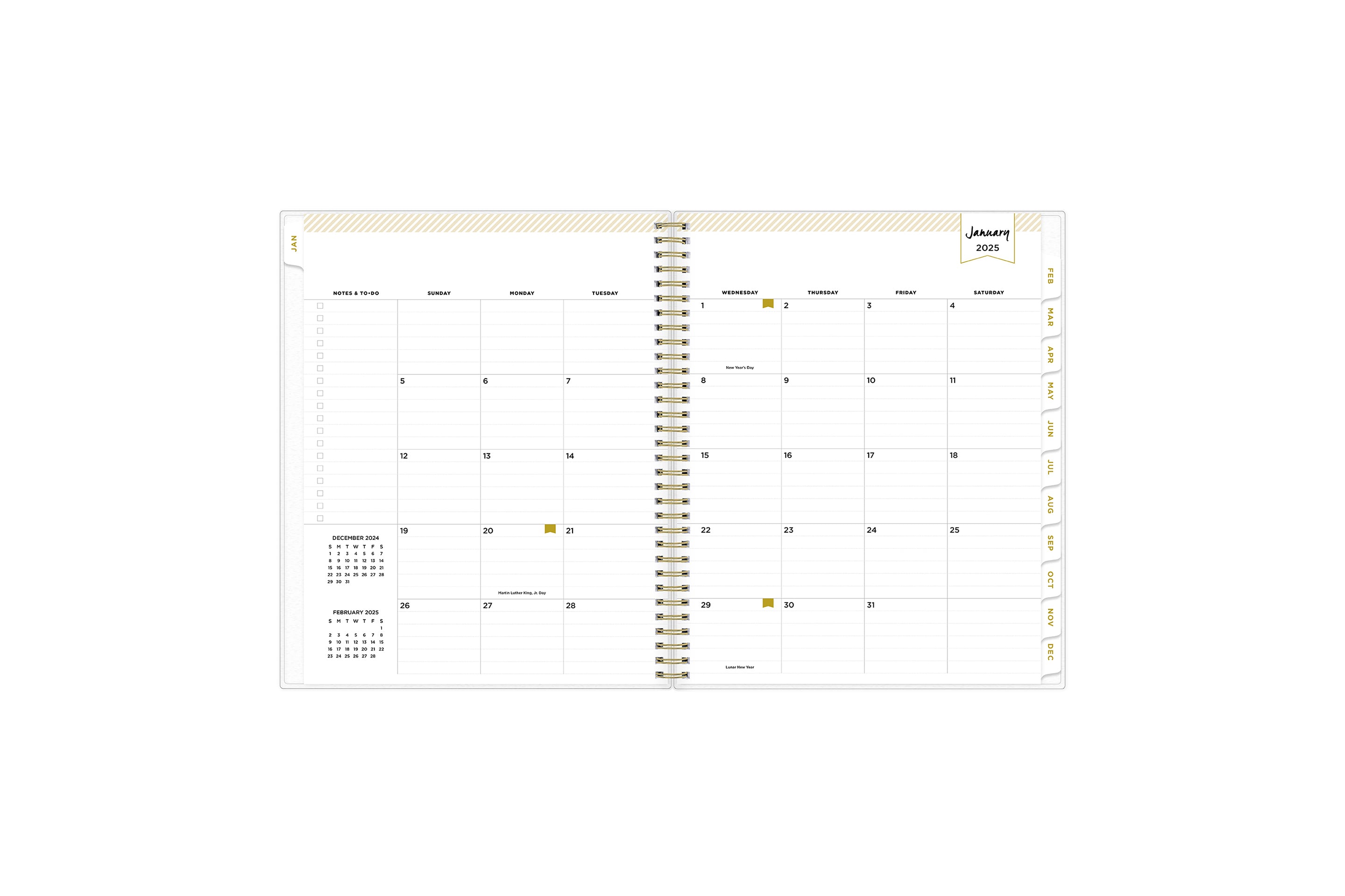 January 2025 - December 2025 weekly monthly planner featuring a monthly spread boxes for each day, lined writing space, notes section, reference calendars, and white monthly tabs in 8.5x11 size