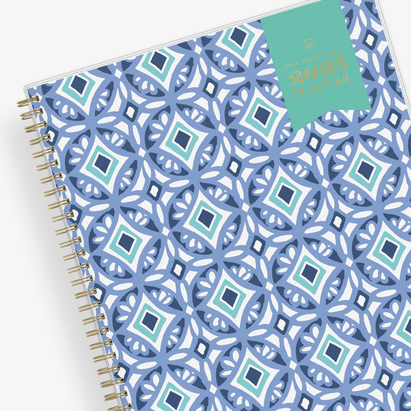 January 2025 - December 2025 weekly monthly planner featuring a geometric tile front cover design and silver gold wire-o binding 8.5x11 size
