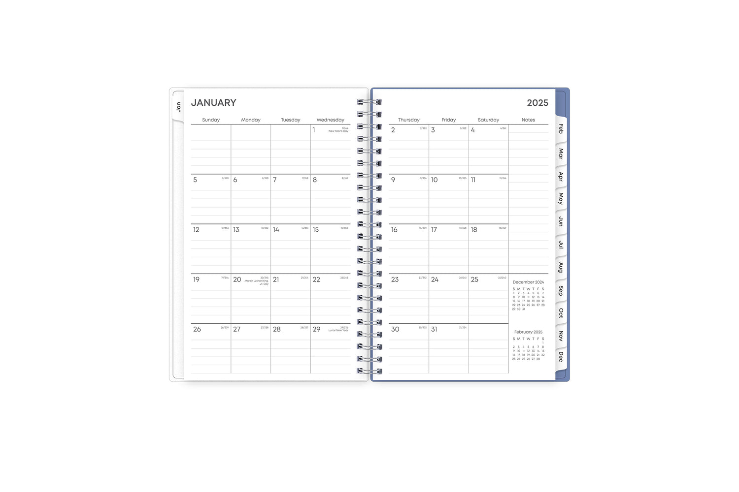 January 2025 - December 2025 weekly monthly planner featuring a monthly spread boxes for each day, lined writing space, notes section, reference calendars, and mint blue monthly tabs with white text in 5x8 size