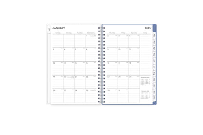 January 2025 - December 2025 weekly monthly planner featuring a monthly spread boxes for each day, lined writing space, notes section, reference calendars, and mint blue monthly tabs with white text in 5x8 size