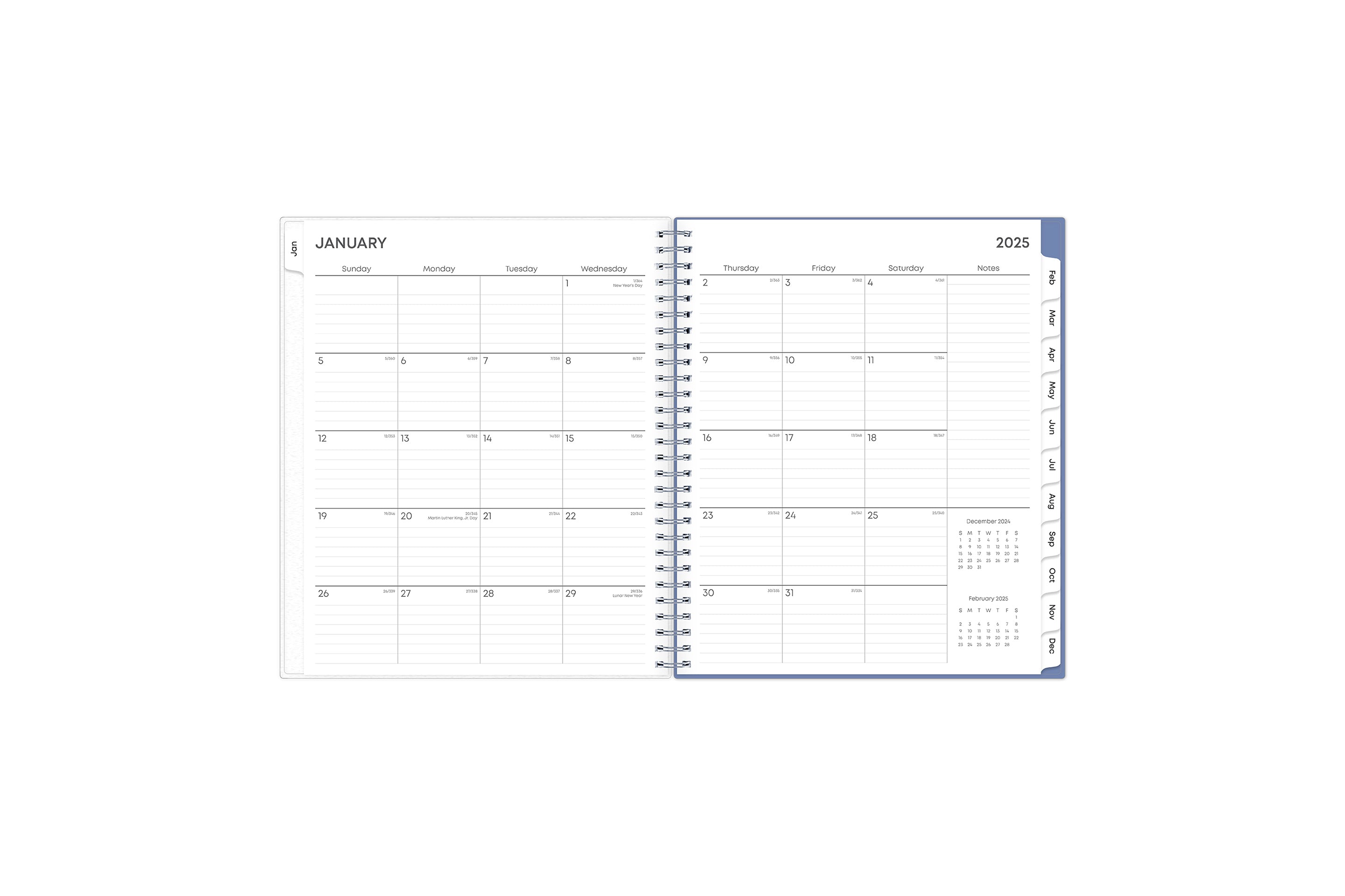 The January 2025 - December 2025 monthly spread features ample lined writing space for each day, lined notes section, reference months, and monthly to easily navigate throughout your planner