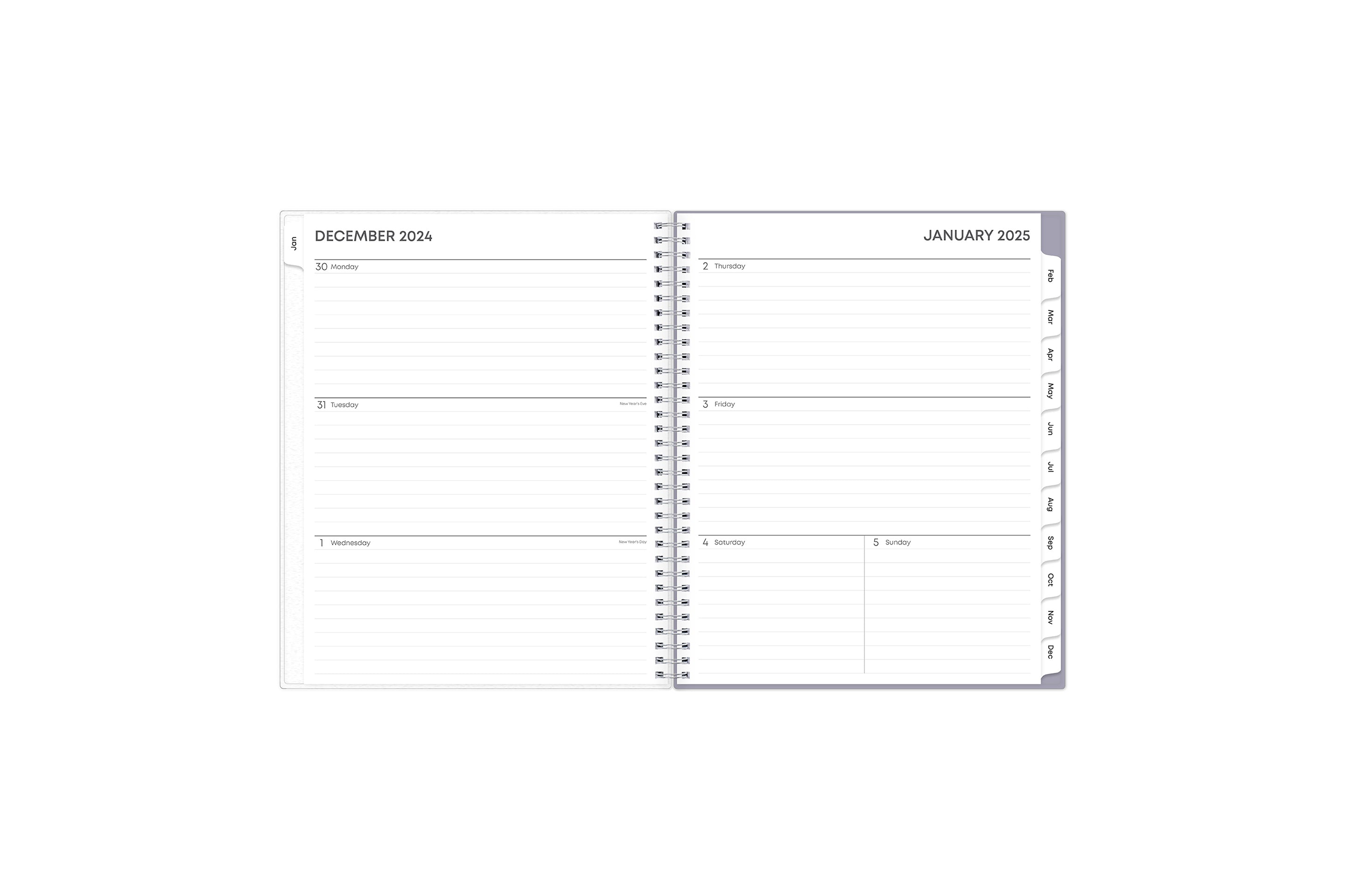 January 2025 - December 2025 weekly monthly planner featuring a weekly spread with lined writing space, notes section, reference calendars, and light purple monthly tabs in 8.5x11 size