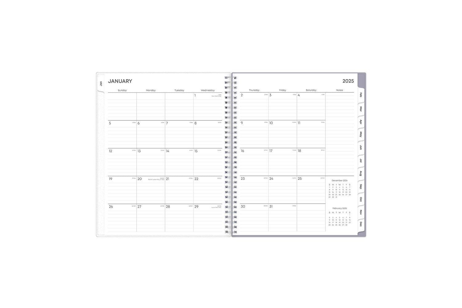 January 2025 - December 2025 weekly monthly planner featuring a monthly spread boxes for each day, lined writing space, notes section, reference calendars, and light purple monthly tabs in 8.5x11 size