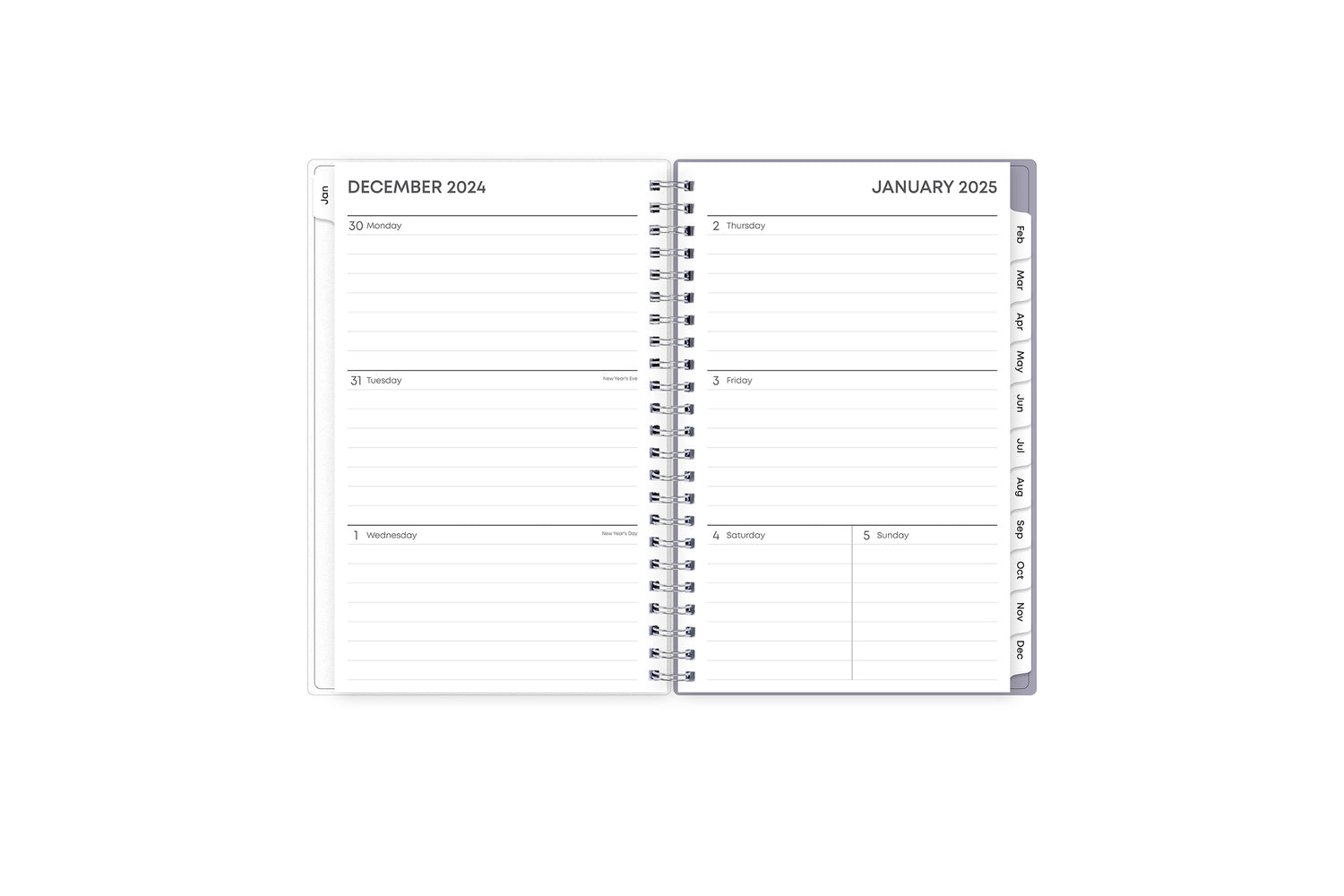 January 2025 - December 2025 weekly monthly planner featuring a weekly spread with lined writing space, notes section, reference calendars, and light purple monthly tabs in 5x8 size