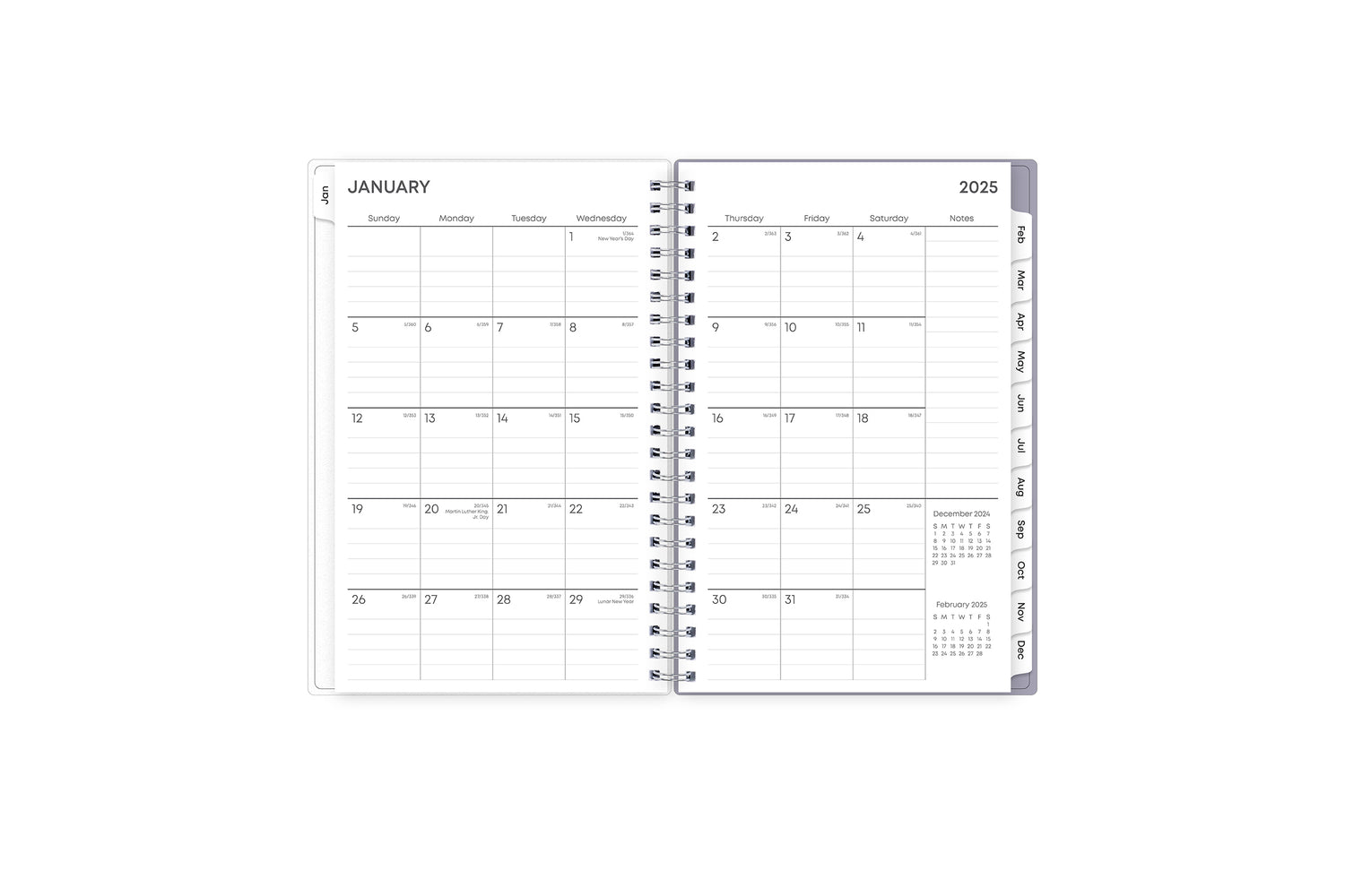 January 2025 - December 2025 weekly monthly planner featuring a monthly spread boxes for each day, lined writing space, notes section, reference calendars, and light purple monthly tabs in 5x8 size