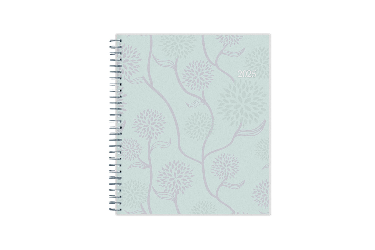 2025 monthly planner in a 8x10 planner size featuring silver binder, floral poppy flower on light blue background