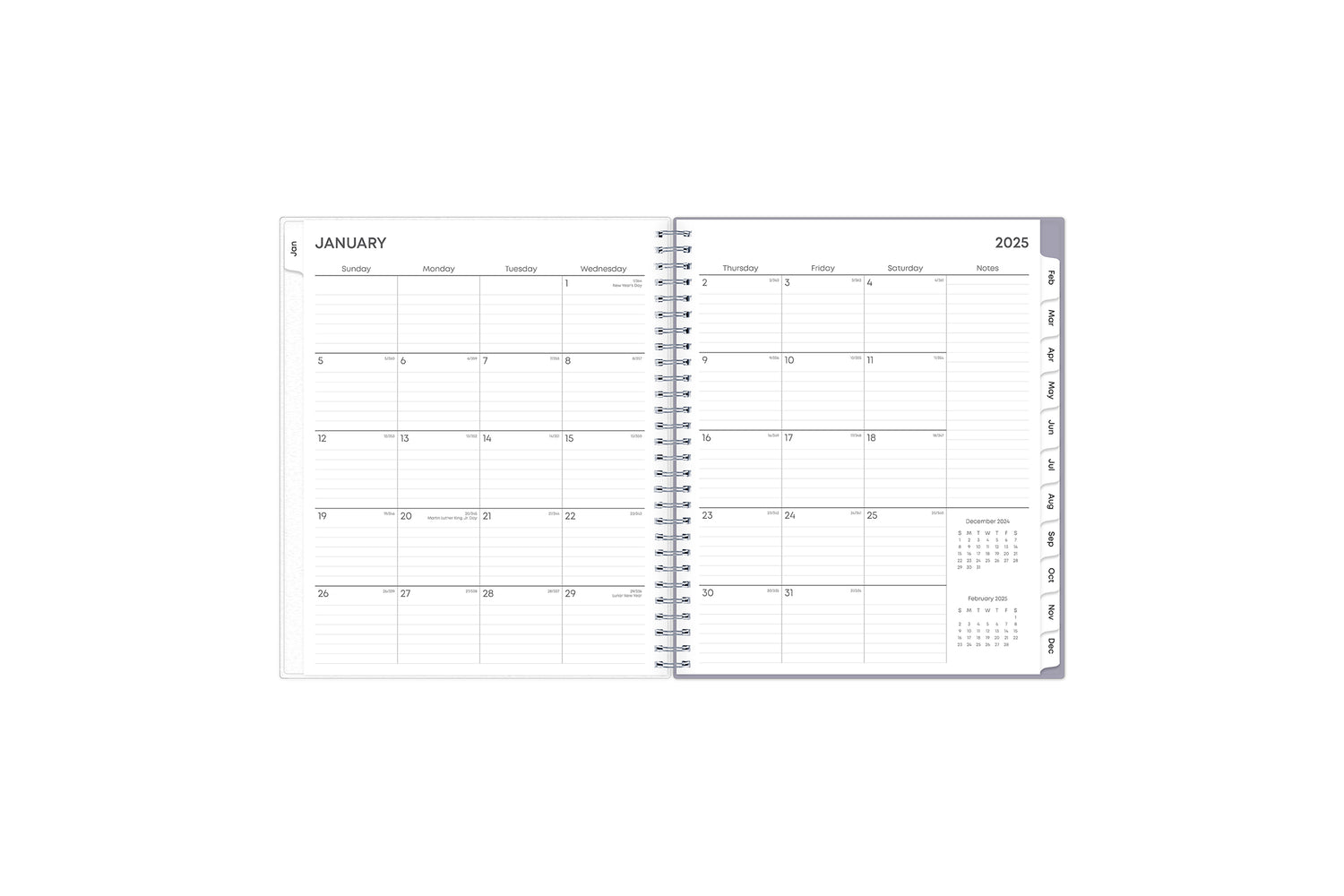 2025 monthly planner featuring a monthly spread with boxed dates, lined writing space, reference calendar, notes section, and light blue monthly tabs