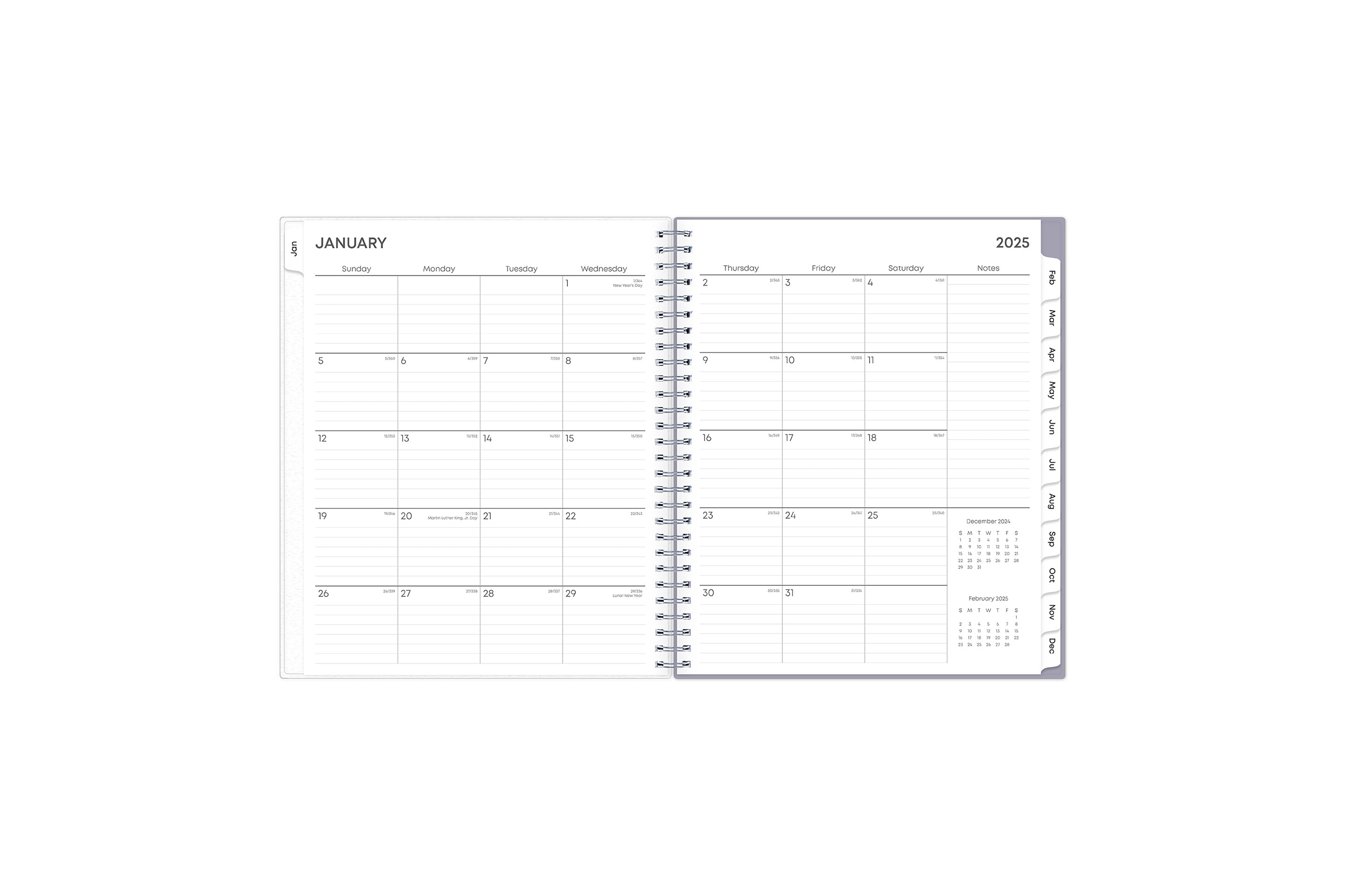 2025 monthly planner featuring a monthly spread with boxed dates, lined writing space, reference calendar, notes section, and light blue monthly tabs