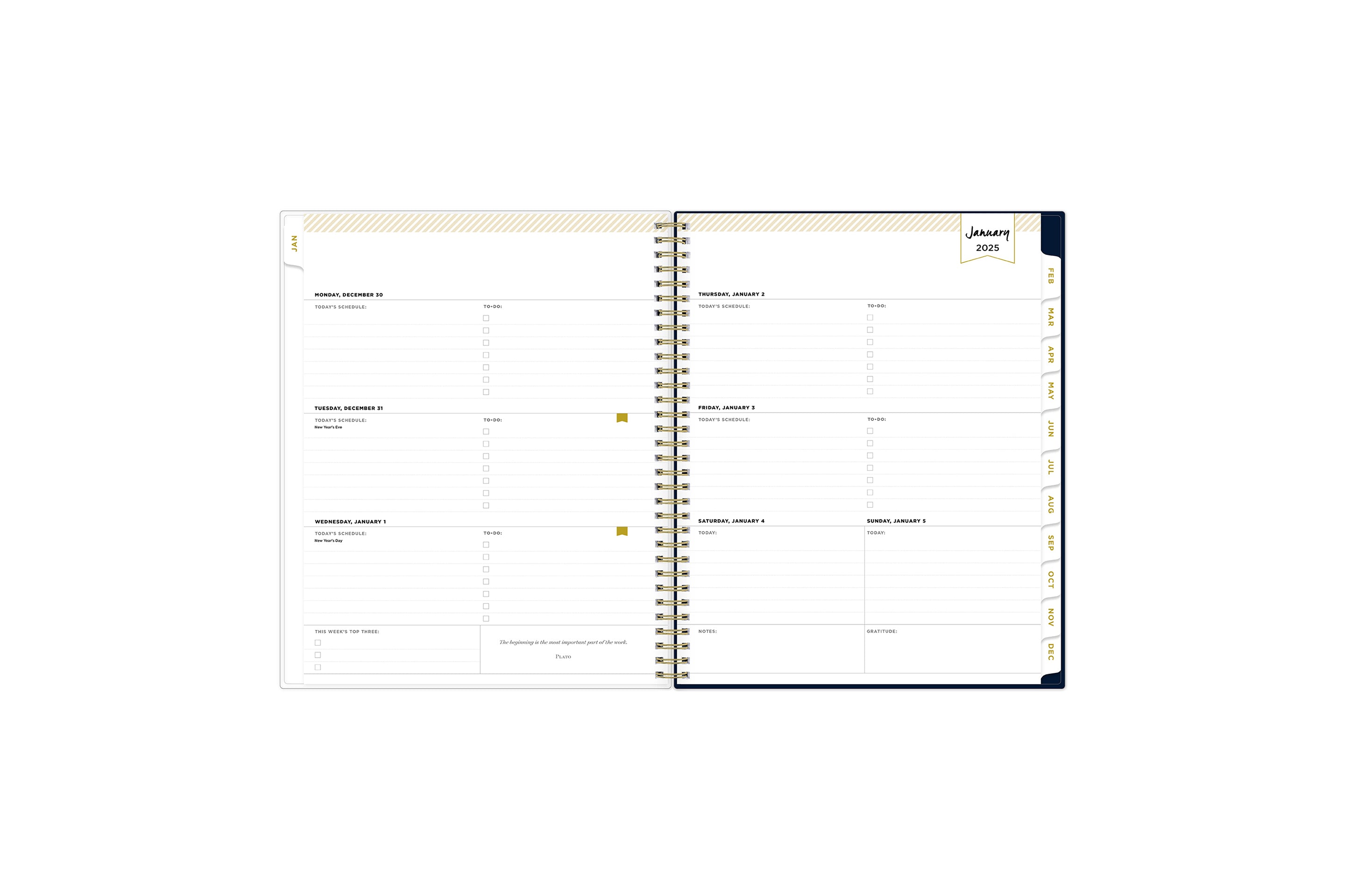 January 2025 weekly monthly planner featuring a weekly view, lined writing space, to do lists, priorities, and white colored monthly tabs on a 8.5x11 planner