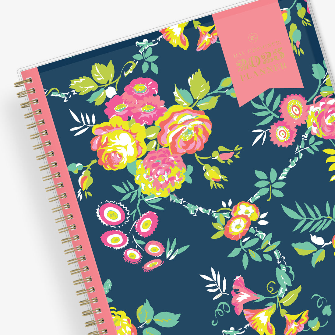 January 2025 - December 2025 weekly monthly planner in 8.5x11 size from day designer for blue sky with navy background and floral design, and gold twin wire-o binding