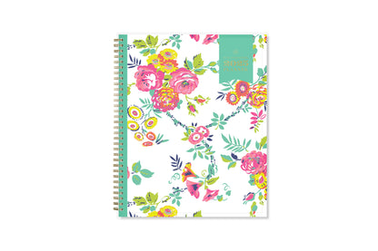 This January 2025 to December 2025 weekly monthly 5x8 planner featuring yellow and pink floral front cover pattern and gold twin wire-o binding