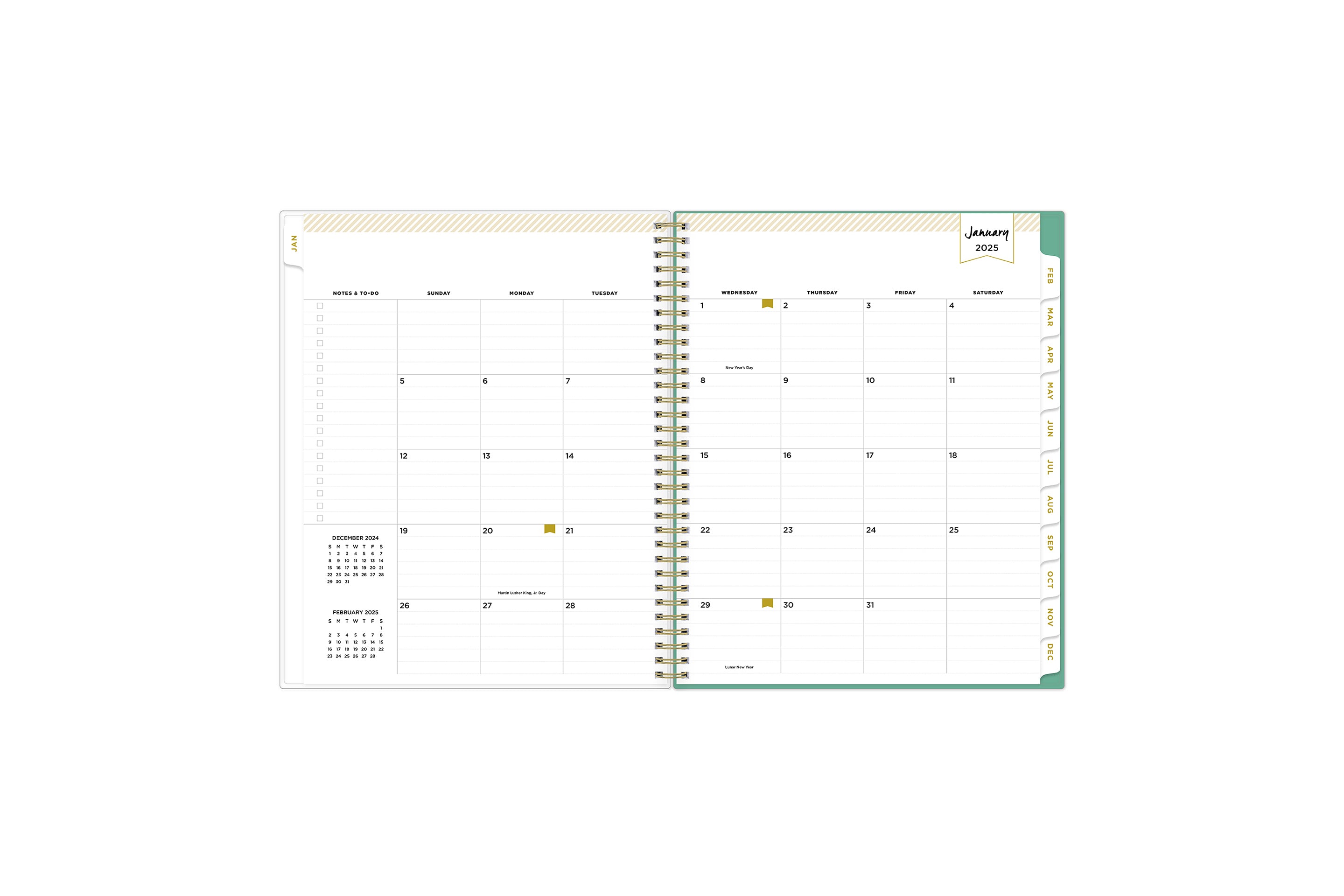 January 2025 monthly overview with to do lists, notes section, square boxes with lined writing space for dates, and whitecolored monthly tabs